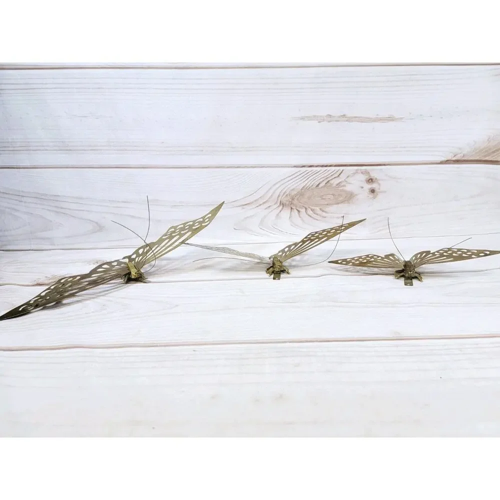 Vintage Solid Brass MCM Butterfly Wall Hanging Decor 3 Piece Set